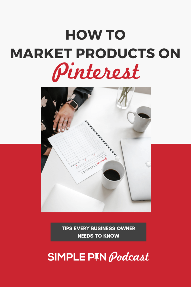 desk with computer and workbook with text overlay "Marketing products on Pinterest"