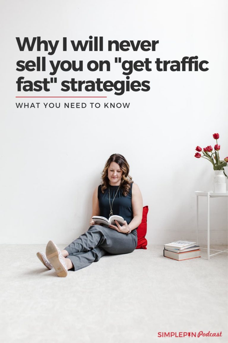 Woman sitting on floor reading book with text overlay "Why I wll never sell you on get traffic fast strategies"