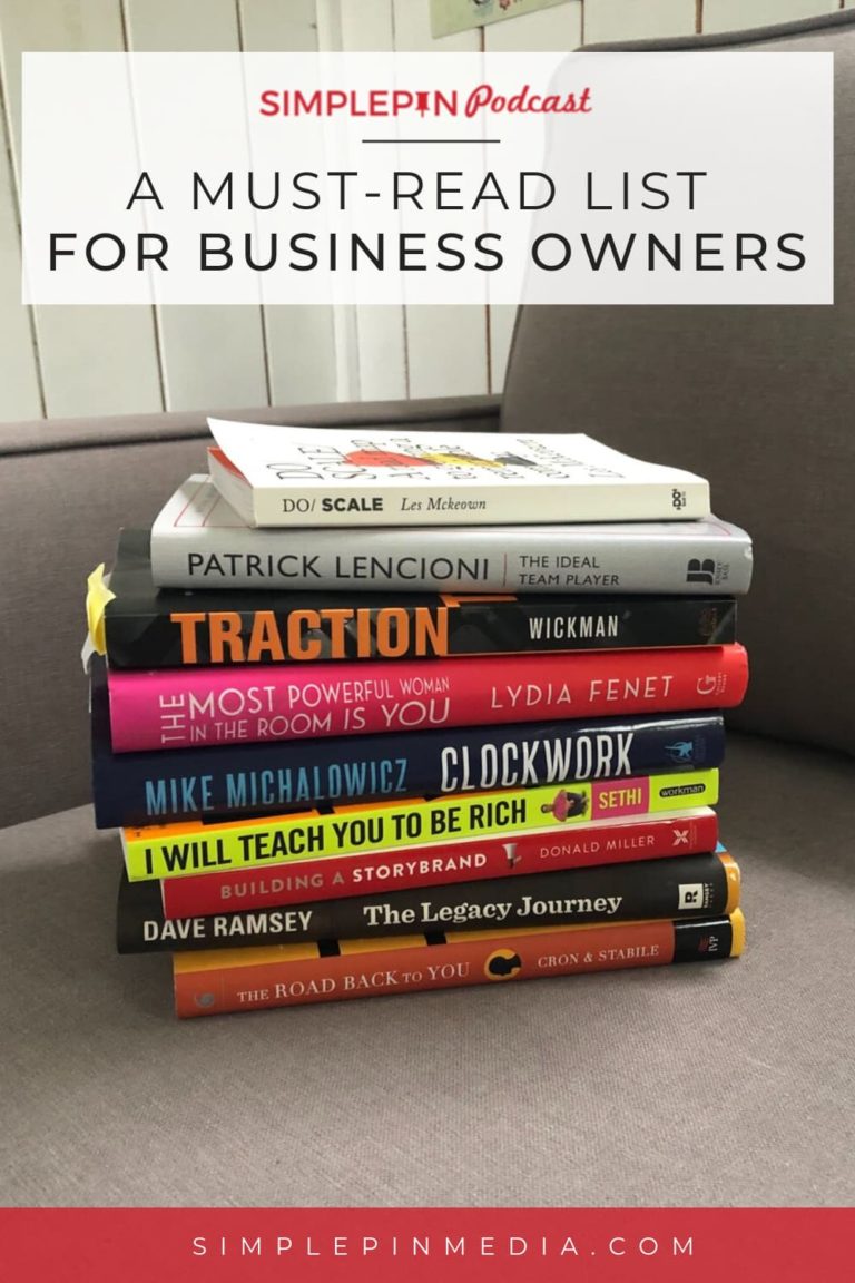 stack of business books on a sofa with text overlay "The Best Business Books"