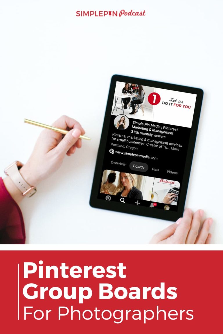 woman's hands with tablet on desktop. Text overlay "Pinterest Group Boards for Photographers"