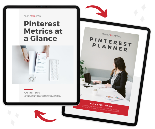 planner layout on two overlapping ipads with text - "pinterest metrics at a glance" and "pinterest planner".