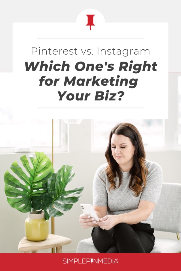 woman sitting on a chair next to a plant - text "Pinterest vs Instagram: Which one's right for marketing your biz".