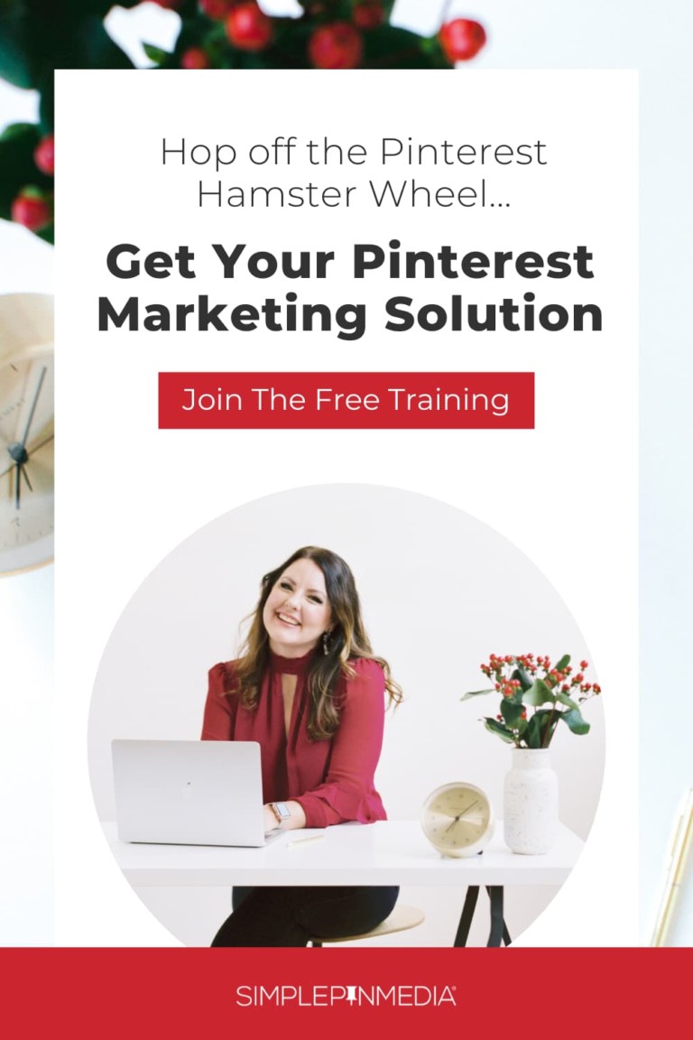 image of smiling woman sitting at desk with laptop with text - "hop off the pinterest hamster wheel.. get your pinterest marketing solution - join the free training".