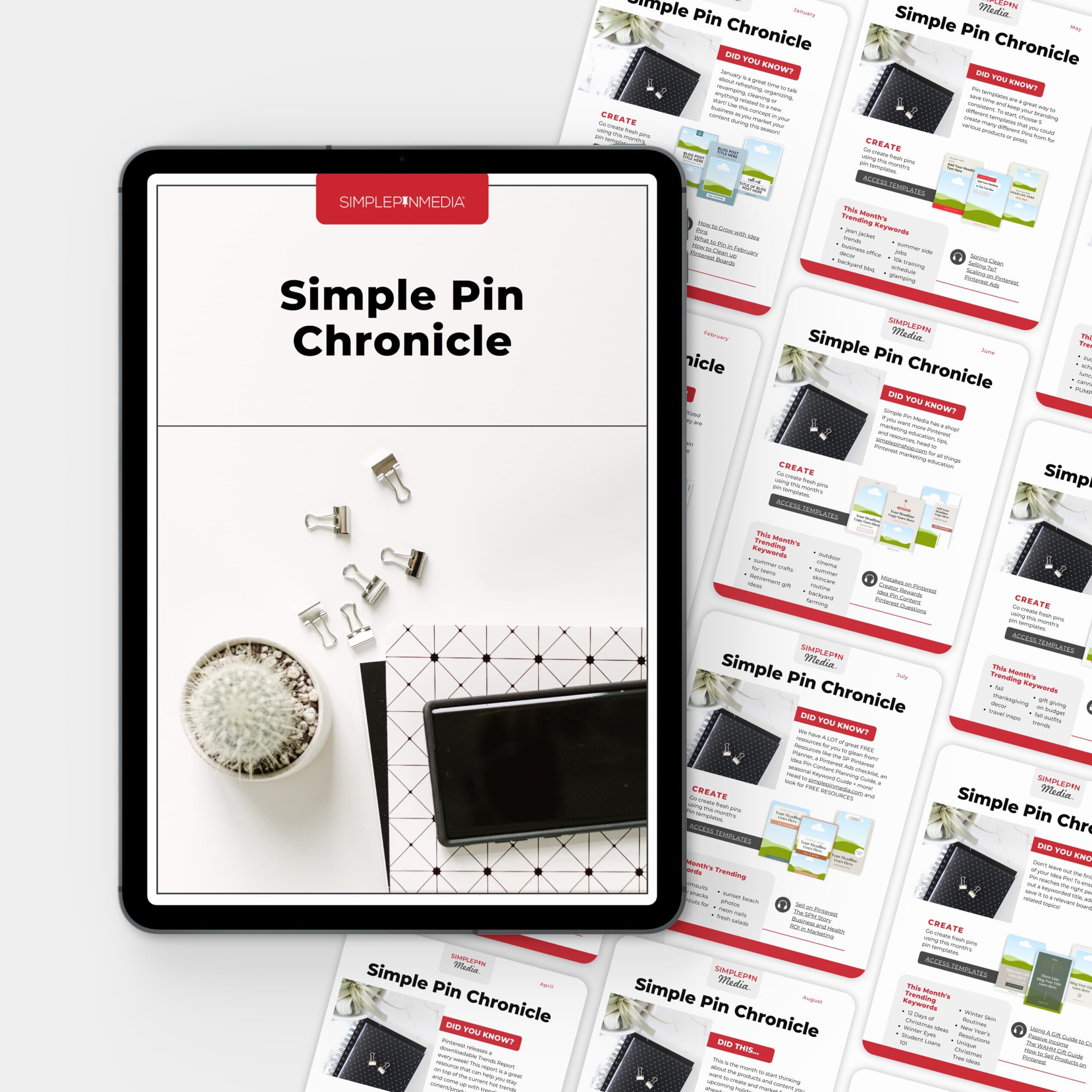 ipad on top of grid of images with text "simple pin chronicle".