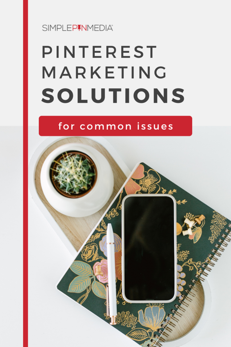 Text reads: "Pinterest Marketing Solutions"". An iPhone sits on top of a floral notebook.