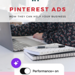 Copy reads: "AI+ Pinterest Ads". A woman sits at a desk looking at a computer.