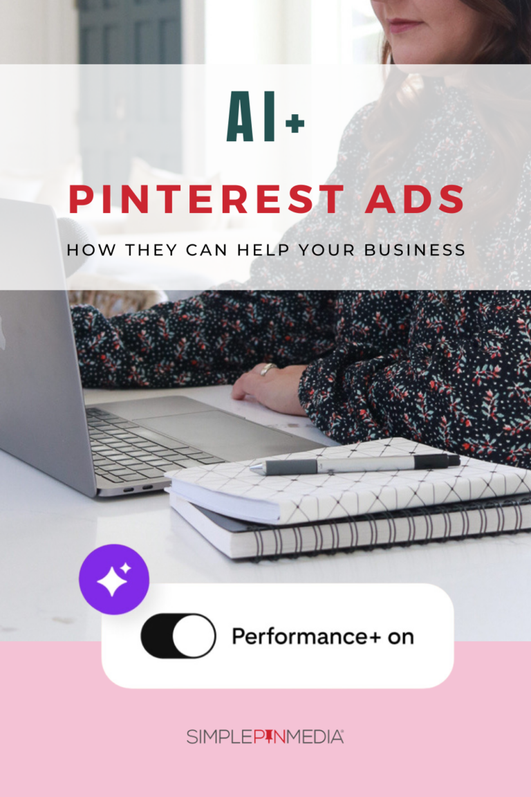 Copy reads: "AI+ Pinterest Ads". A woman sits at a desk looking at a computer.