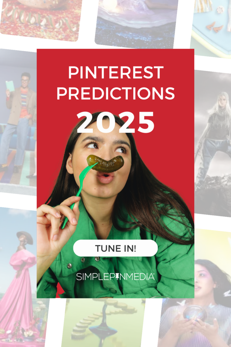 Girl holding a pickle on a fork. Text Reads "Pinterest Predictions 2025- Tune In!"