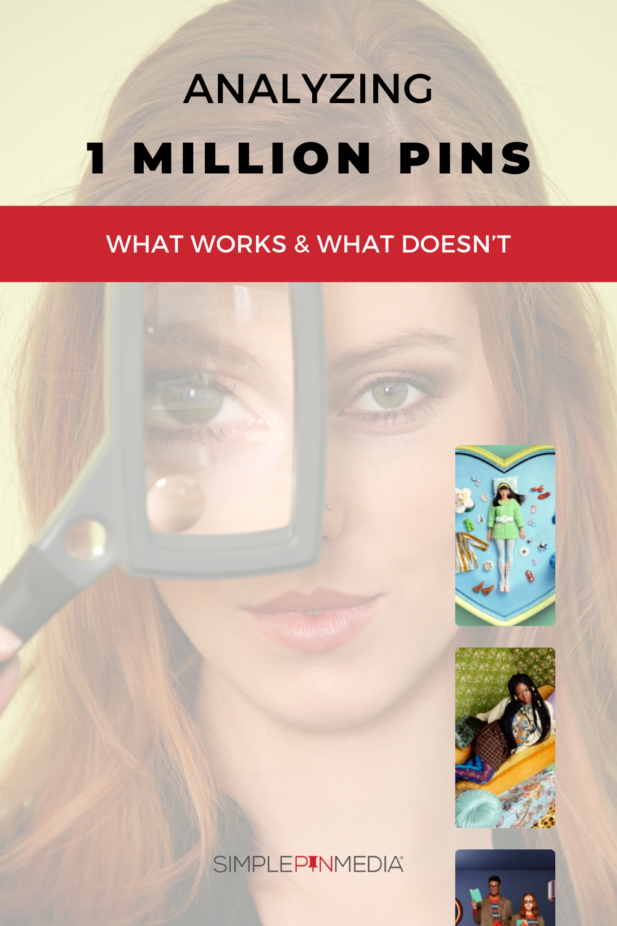 Woman looking through a magnifying glass. Text Reads: "Analyzing 1 Million Pins: What Works & What Doesn't"