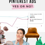 Woman thinking with images of objects and a graph. Text reads, "Pinterest Ads: yes or No?"