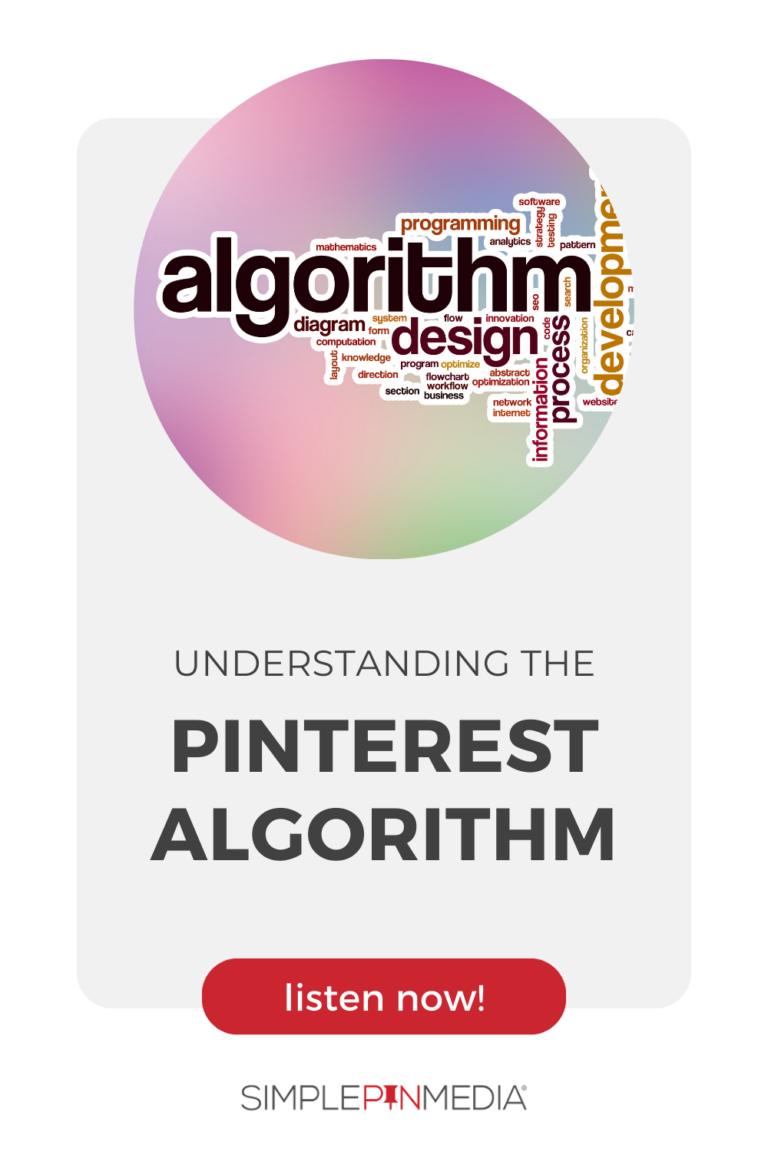 Circle with random words. Text reads: "Understanding the Pinterest Algorithm: Listen Now"